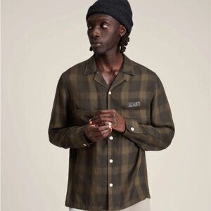 All Saints Mens Checker Shirt Button Up Long Sleeve Erieville logo woven green S